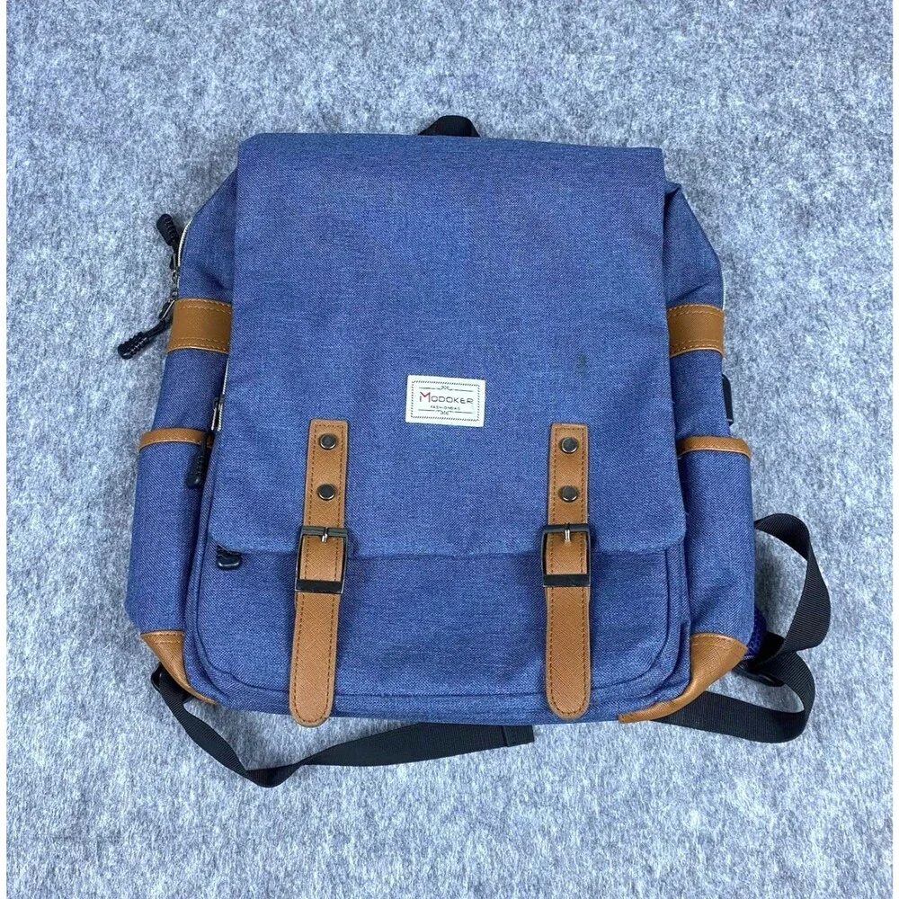 Modoker Vintage 15 inch Laptop Backpack with USB Charging Blue/Brown Leather